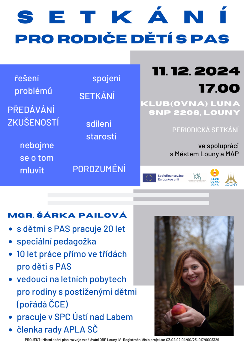 Workshop na podporu rodičovských kompetencí, které povedenou k rozvoji potenciálu každého dítěte, žáka i se zaměřením na žáky se sociálním a jiným znevýhodněním - Setkání pro rodiče dětí s PAS